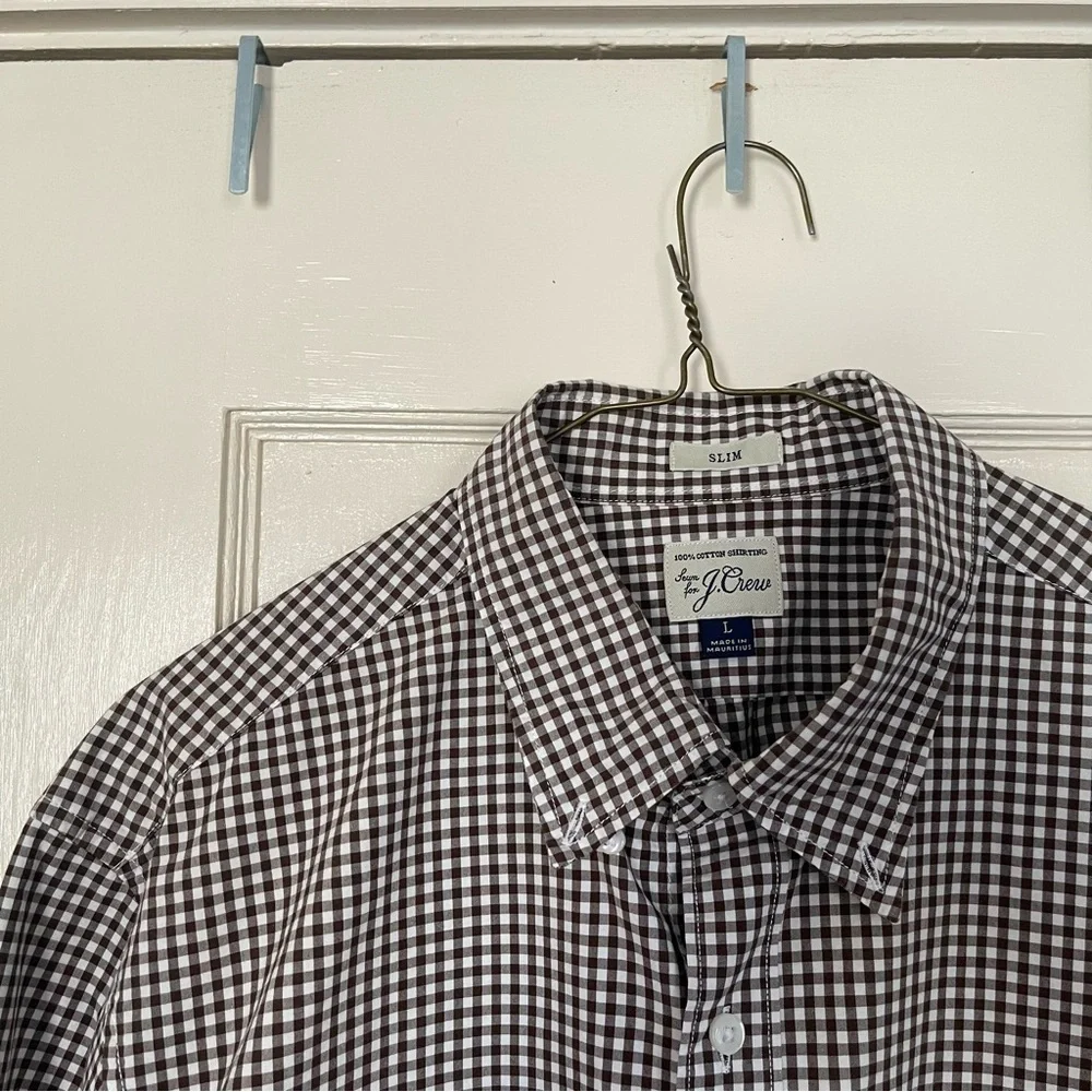 J Crew Shirt Button Down 100% Cotton Brown & White Gingham Slim Fit Size L